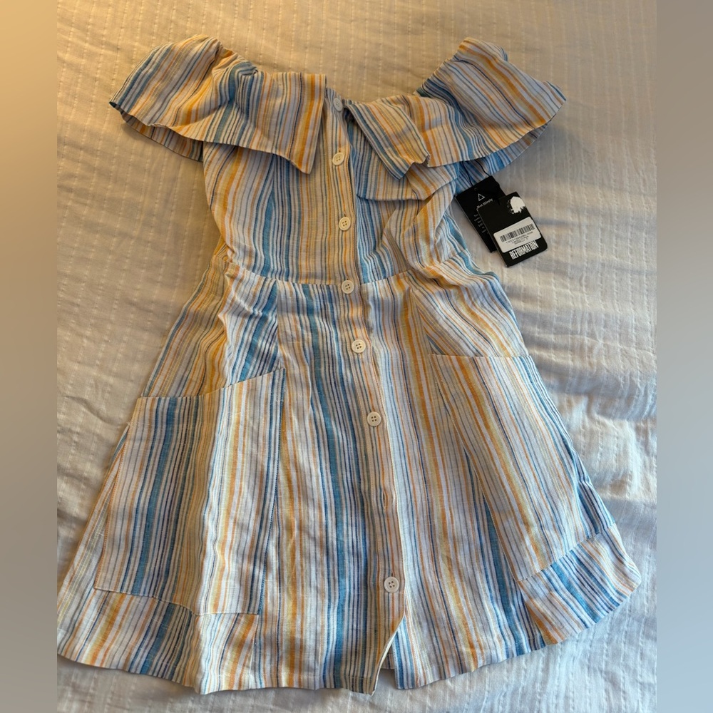 Reformation Striped Off-Shoulder Button-Front Dress in Blue and Yellow